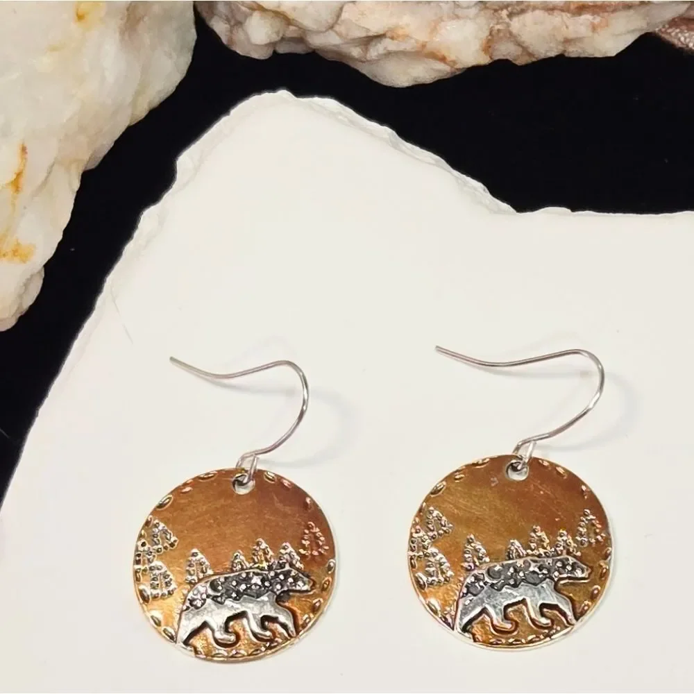 Forest Bear Earrings – Copper Disc Rustic Cabin Nature Dangles Artisan Statement